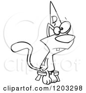Cartoon Of An Outlined Dumb Cat Sitting On A Stool And Wearing A Dunce Hat Royalty Free Vector Clipart