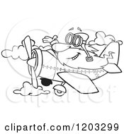 Cartoon Of An Outlined Happy Old Man Waving And Flying A Plane Royalty Free Vector Clipart by toonaday