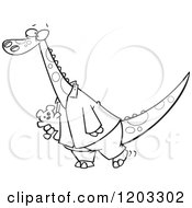 Cartoon Of An Outlined Dinosaur In Pajamas Carrying A Teddy Bear Royalty Free Vector Clipart
