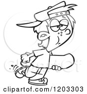 Cartoon Of An Outlined Teen Boy Blowing A Bubble With Gum And Carrying A Skateboard Royalty Free Vector Clipart