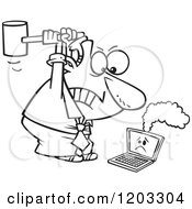 Cartoon Of An Outlined Angry Businessman Whacking A Broken Laptop With A Mallet Royalty Free Vector Clipart