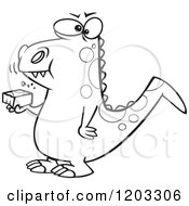 Cartoon Of An Outlined Dinosaur Eating A Block Royalty Free Vector Clipart