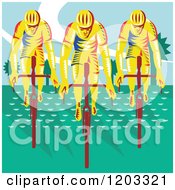 Retro Woodcut Cyclist Trio On Bicycles