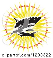 Poster, Art Print Of Retro Woodcut Black And White Shark In A Sunburst