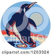 Poster, Art Print Of Retro Emperor Penguin On Ice In A Circle Scene