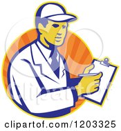 Clipart Of A Retro Technician Writing On A Clipboard Over An Orange Circle Of Rays Royalty Free Vector Illustration