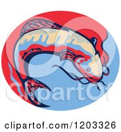 Poster, Art Print Of Retro Jumping Catfish Over A Red And Blue Oval
