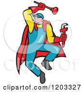 Poster, Art Print Of Cartoon Super Plumber Jumping With A Monkey Wrench And Plunger