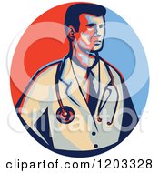 Clipart Of A Retro Male Doctor With A Stethoscope Over A Red And Blue Circle Royalty Free Vector Illustration by patrimonio