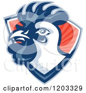 Clipart Of A Retro Rooster Head Emerging From A Red Ray Shield Royalty Free Vector Illustration