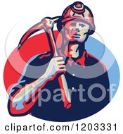 Poster, Art Print Of Retro Coal Miner With A Hard Hat And Pick Axe Over A Blue And Red Oval