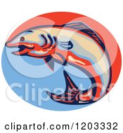 Clipart Of A Retro Jumping Atlantic Salmon Over A Red And Blue Oval Royalty Free Vector Illustration