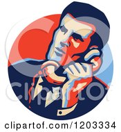 Clipart Of A Retro Man Talking On A Telephone In A Blue And Red Circle Royalty Free Vector Illustration