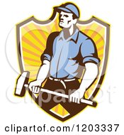 Poster, Art Print Of Retro Worker Man Holding A Sledgehammer Over A Ray Shield