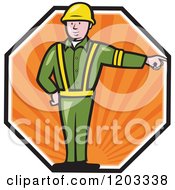 Clipart Of A Retro Cartoon Emergency Worker Pointing In An Octagon Of Orange Rays Royalty Free Vector Illustration