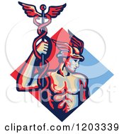 Poster, Art Print Of Retro Mercury Roman God Holding A Caduceus In A Red And Blue Diamond