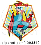 Poster, Art Print Of Cartoon Super Plumber Jumping With A Monkey Wrench And Plunger Over A Ray Pentagon