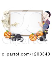 Poster, Art Print Of Happy Vampire Skeleton Pumpkins And Black Cat Around A Blank Sign