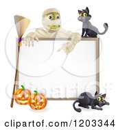 Poster, Art Print Of Happy Mummy And A Black Cat Over A Halloween Sign With A Broomstick And Pumpkins