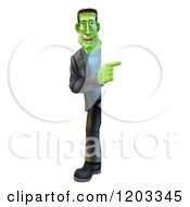 Poster, Art Print Of Full Length Happy Smiling Frankenstein Looking Around And Pointing To A Sign