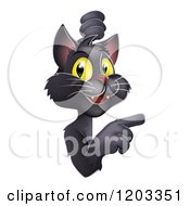Poster, Art Print Of Happy Yellow Eyed Black Cat Looking Around And Pointing At A Sign