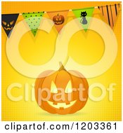 Poster, Art Print Of Carved Halloween Pumpkin With Party Bunting Flags On Halftone