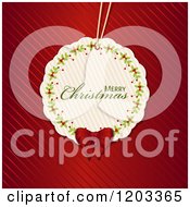 Clipart Of A Merry Christmas Gift Tag And Bow Over Diagonal Red Wrapping Paper Royalty Free Vector Illustration