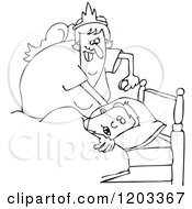 Cartoon Of An Outlined Chubby Tooth Fairy Putting A Coin Under A Boys Pillow Royalty Free Vector Clipart