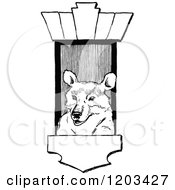 Clipart Of A Vintage Black And White Bear In A Window Royalty Free Vector Illustration