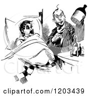 Clipart Of A Vintage Black And White Patient Doctor And Medicine Royalty Free Vector Illustration