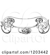 Clipart Of A Vintage Black And White Mermaids Banner Royalty Free Vector Illustration