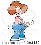 Cartoon Of A Happy Thin Brunette Woman Wearing Fat Pants Royalty Free Vector Clipart