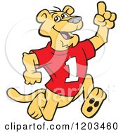 Victorious Cougar Mascot Wearing A 1 Jersey And Holding Up A Number One Finger