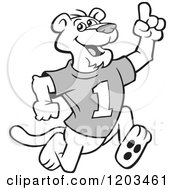 Cartoon Of A Grayscale Couger Mascot Wearing A 1 Jersey And Holding Up A Number One Finger Royalty Free Vector Clipart by Johnny Sajem