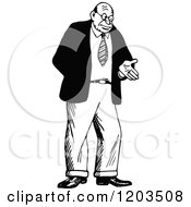 Cartoon Of A Vintage Black And White Shrugging Man Gesturing With A Hand Royalty Free Vector Clipart