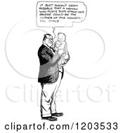 Cartoon Of A Vintage Black And White Man Talking And Holding A Baby Royalty Free Vector Clipart