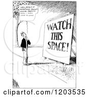 Cartoon Of A Vintage Black And White Man Gazing At A Watch This Space Sign Royalty Free Vector Clipart