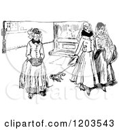 Clipart Of Vintage Black And White Ladies Walking With A Dog Royalty Free Vector Illustration