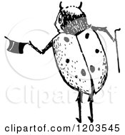 Clipart Of A Vintage Black And White Ladybug With A Hat And Cane Royalty Free Vector Illustration