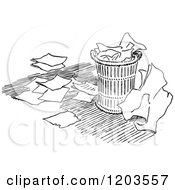 Cartoon Of A Vintage Black And White Over Flowing Trash Can Royalty Free Vector Clipart