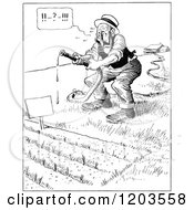 Cartoon Of A Vintage Black And White Man Trying To Water His Garden With A Long Hose Royalty Free Vector Clipart