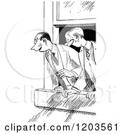 Cartoon Of Vintage Black And White Excited Men Looking Out A Window Royalty Free Vector Clipart