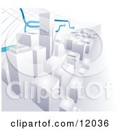 Arrows Passing Over A 3D Cityscape Of High Rise Skyscraper Office Buildings Clipart Illustration