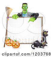Happy Frankenstein With Cats A Broomstick And Halloween Pumpkins Around A White Sign