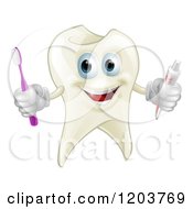Happy Tooth Mascot Holding A Brush And Paste