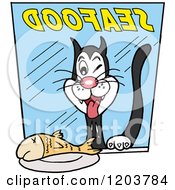 Cartoon Of A Hungry Cat Drooling Over A Fish In A Seafood Store Window Royalty Free Vector Clipart