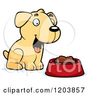 Poster, Art Print Of Cute Yellow Labrador Puppy Sitting By Dog Food