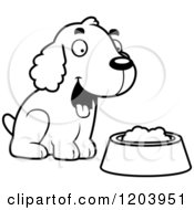 Poster, Art Print Of Black And White Cute Spaniel Puppy By A Bowl Of Dog Food