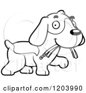 Poster, Art Print Of Black And White Cute Beagle Puppy Carrying A Leash In His Mouth