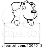 Poster, Art Print Of Black And White Cute Golden Retriever Puppy Over A Sign